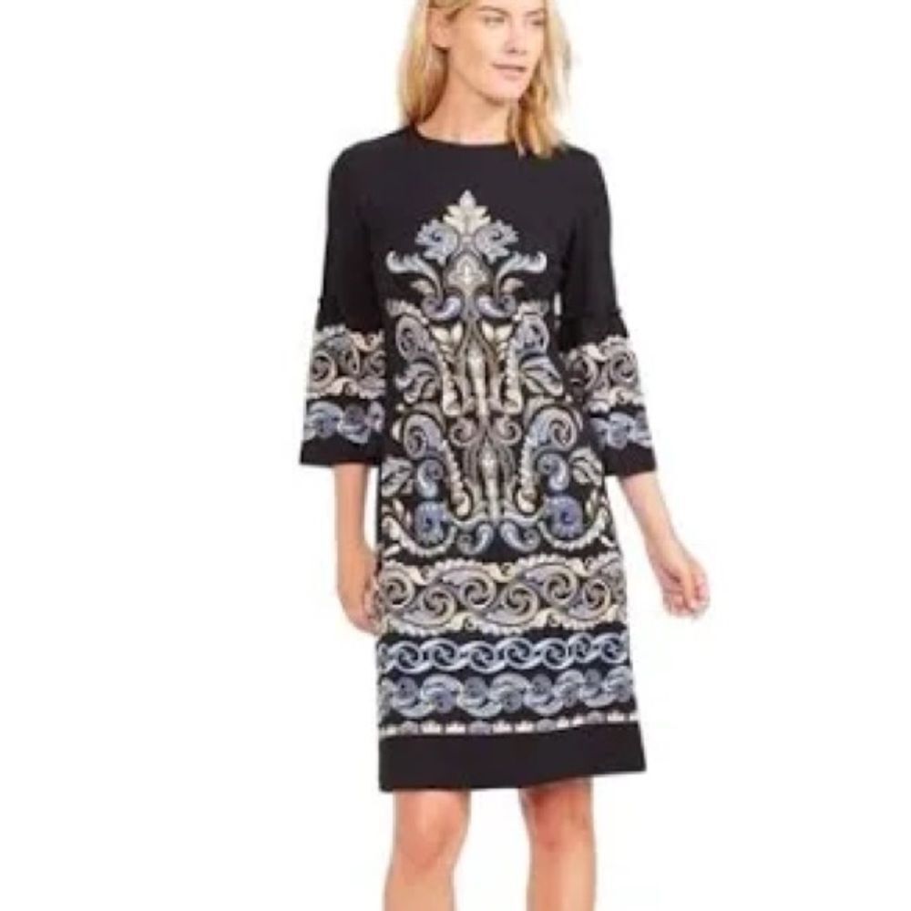 NWT J. McLaughlin Kinley Dress Black Blue Bell Sleeve Paisley Size XS